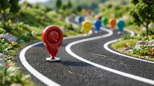 Colorful map pins on winding road through scenic landscape, travel destination concept