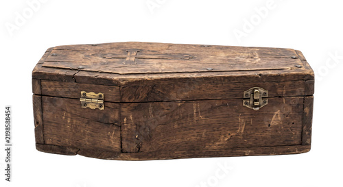 Bild auf Leinwand Rustic wooden coffin box with a carved cross detail isolated on a clean white ba