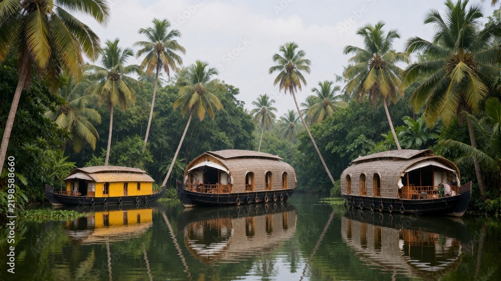Fototapeta premium Kerala Backwaters Houseboats Floating on a Tranquil Canal in India