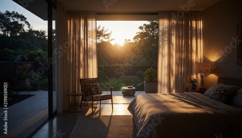 Modern bedroom bathed in golden sunrise light through glass doors