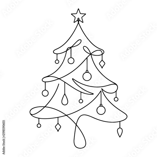 Christmas tree with hanging baubles and star topper in continuous line art style