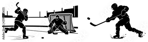 Ice hockey players with skater and goalkeeper on rink in dynamic silhouette style