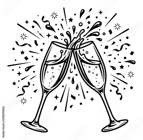 Champagne glasses toasting with splashes and falling confetti in black line art style