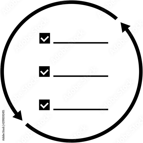 Black color flat design circular continuous workflow process icon displaying completed checklist and arrows representing endless business workflow with isolated background.