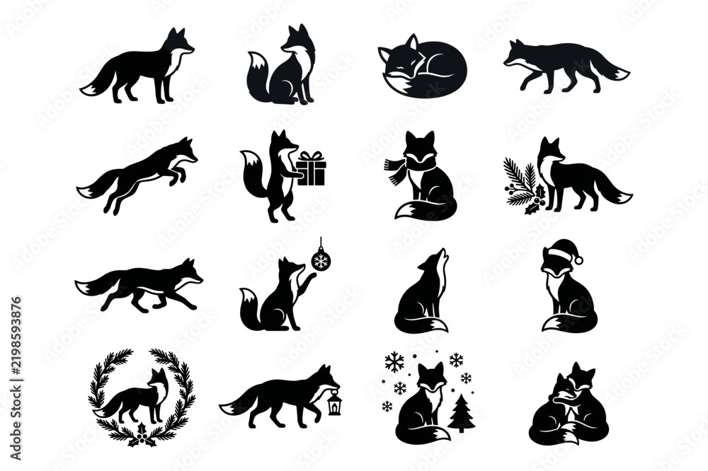 Obraz premium Fox silhouettes collection featuring winter activities and festive holiday decorative elements in black.