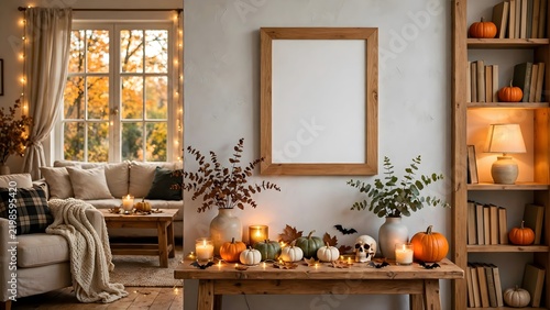 Cozy autumn living room interior mockup with a blank wooden picture frame hanging on a grey wall above a rustic wooden table decorated with colorful pumpkins and candles for Halloween