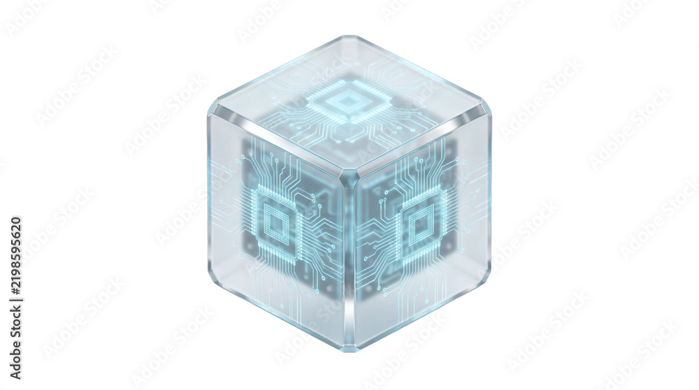 Obraz premium Futuristic glowing isometric glass cube with intricate glowing circuit board motherboard traces. Advanced quantum computing cyber data block isolated on pure white background setting scene.