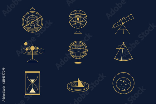 Принти на полотні Astronomy instruments line art astrolabe telescope armillary sphere