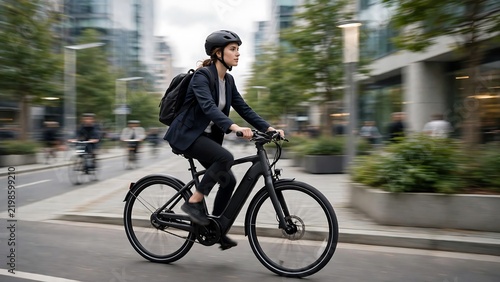 Professional woman commuting to work on an electric bicycle through a modern city street scene