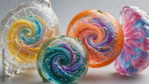 Abstract glass fruit sculptures with swirling colorful patterns and textured bubble surfaces