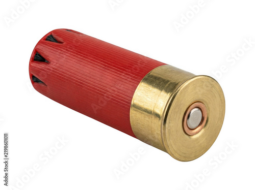 Canvastavla Single red shotgun shell with brass casing against a neutral surface during stud