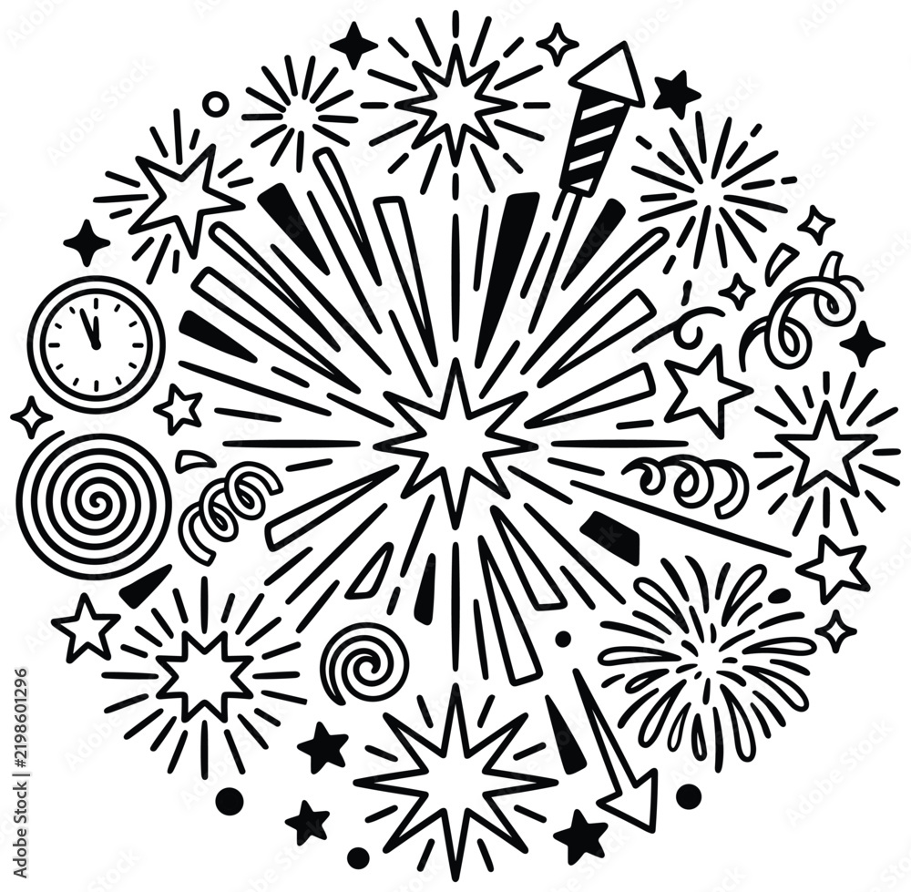 Obraz premium New years eve celebration outline elements in circular design arrangement.