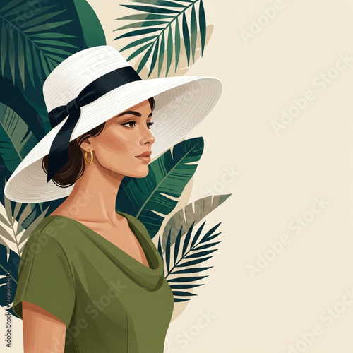 Young woman wearing a wide brim hat looking sideways against a solid background