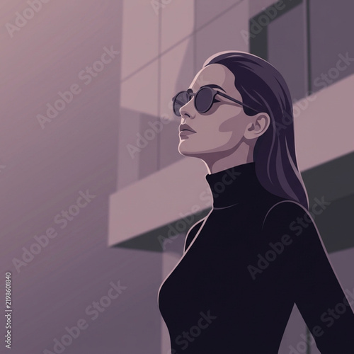 Stylish woman wearing sunglasses and a turquoise turtleneck sweater in a minimalist flat vector illustration