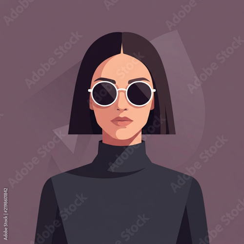 Stylish woman wearing sunglasses and a turquoise turtleneck sweater in flat vector