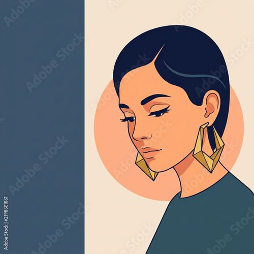 Portrait of a young woman wearing large gold hoop earrings on a neutral background