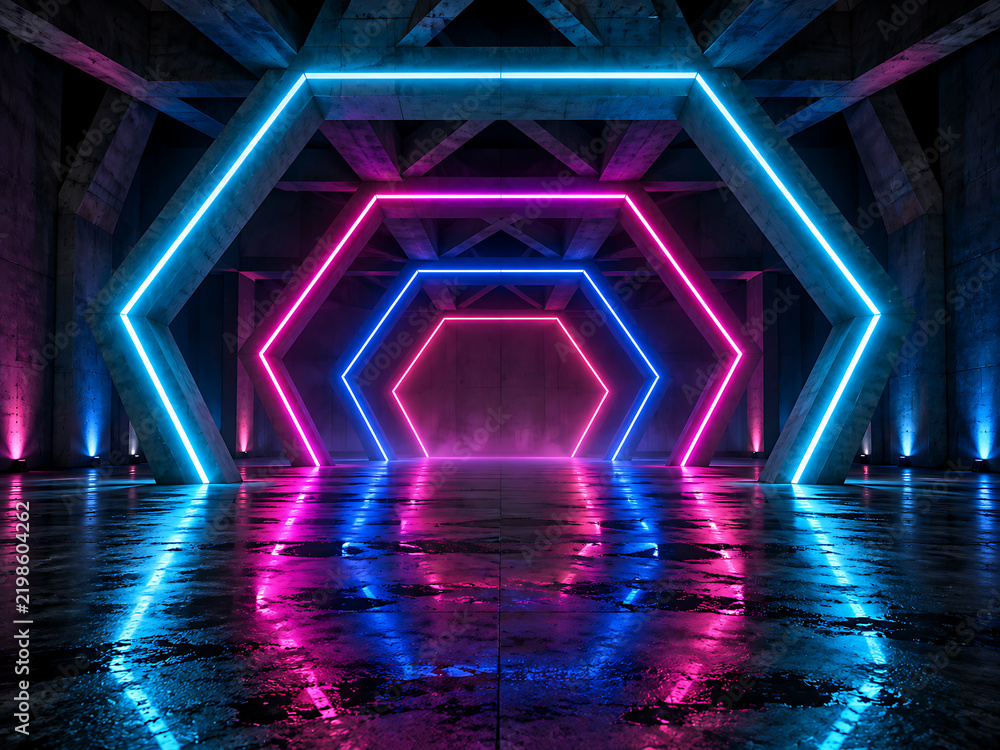 Fototapeta premium Neon geometric tunnel with hexagonal frames and reflective concrete floor in futuristic style