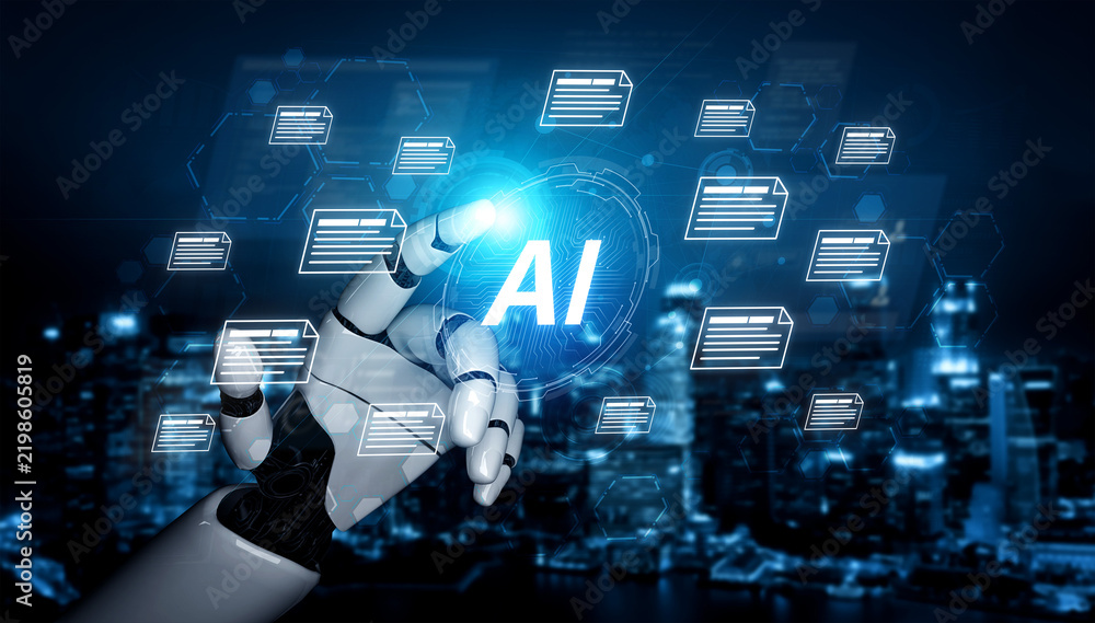 Obraz premium AI document automation concept with floating files and knowledge cards. Document NLP processing, search, document summarization, LLM document management for DMS enterprise workflows. Corpus