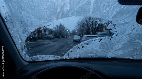Frosted car windshield with clear view of snowy street