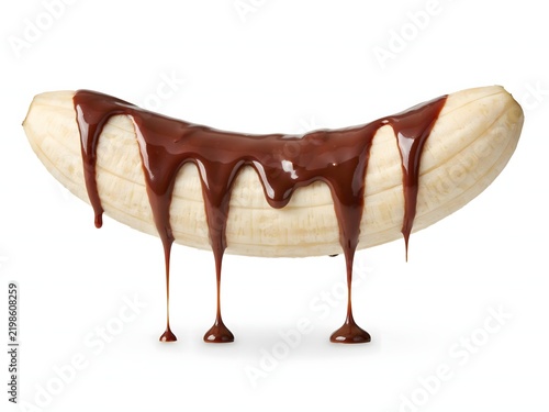 Chocolate-covered banana with dripping sauce on white background for food packaging design