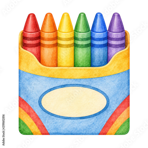 Watercolor Illustration of a Colorful Crayon Box with Six Vibrant Crayons
