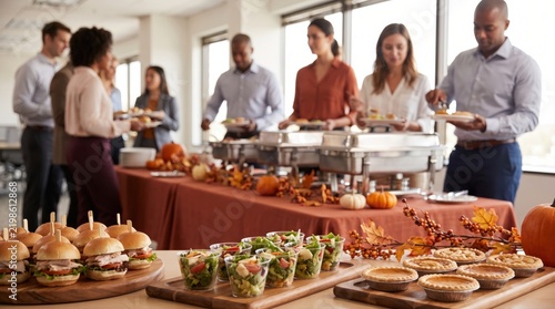 Business colleagues enjoying a catered Thanksgiving buffet in the office. Corporate catering for holiday events and US Thanksgiving celebrations, fostering team appreciation and festive.