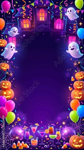 3D Halloween Party Background with Haunted Mansion and Copyspace