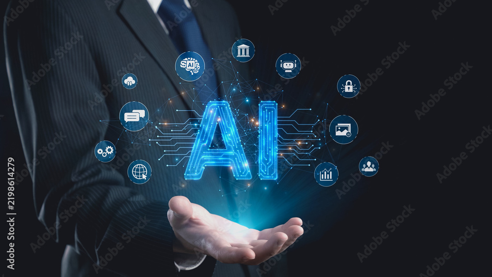 Fototapeta premium AI Assistant Brain Processor with LLM Technology, Big Data, Machine Learning, Generative AI for Business Support, Future Agentic AI Technology and Artificial Intelligence Prompt Engineering. Elide