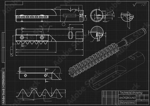 Mechanical engineering drawing of cutting tool on black background. Helical reamer construction with spiral flutes, dimensions and sections. Technical machining blueprint. Vector illustration.