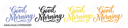 Good morning lettering set in four different colors and elegant script style for daily greeting cards and social media posts isolated on a transparent background