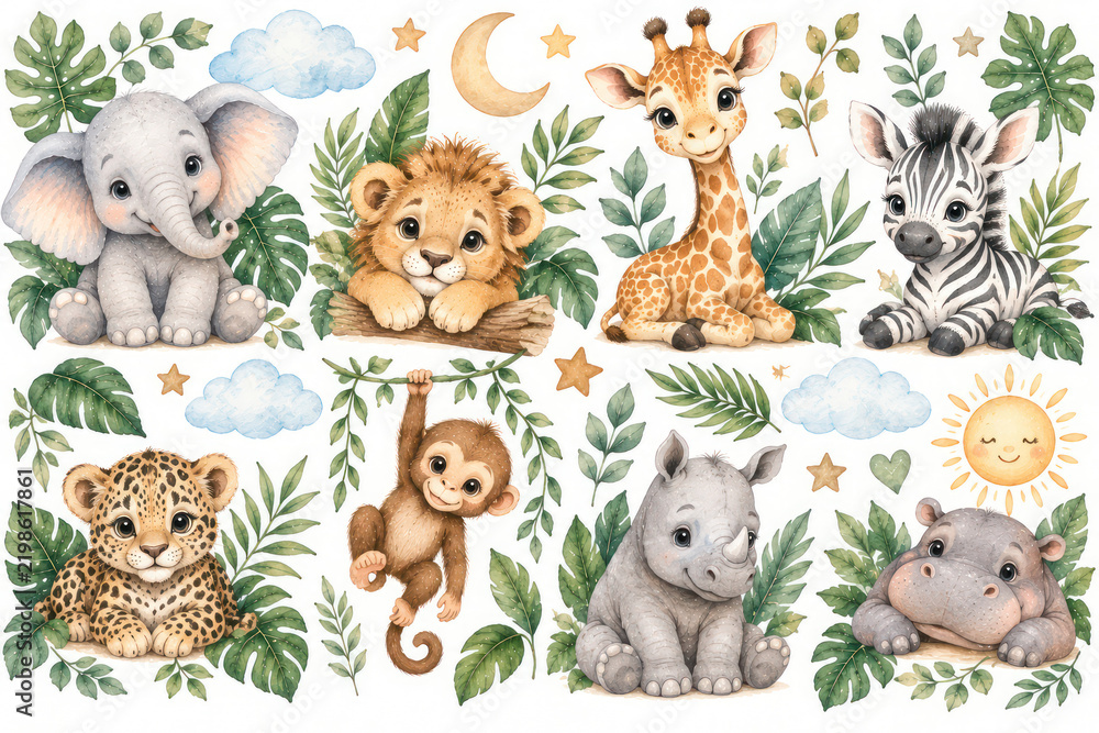 Fototapeta premium Cute Baby Safari Animals Watercolor Clipart Collection for Nursery