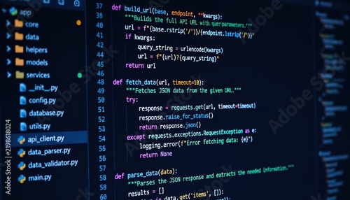 Obraz na płótnie Abstract 3D rendering of computer programming source code on a dark interface, representing software development, cybersecurity, data processing, digital technology, and coding.
