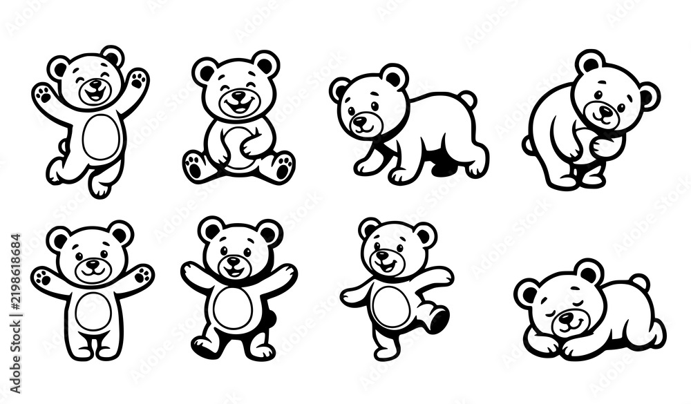 Fototapeta premium Cute teddy bear character set with jumping walking and sleeping poses black and white vector collection
