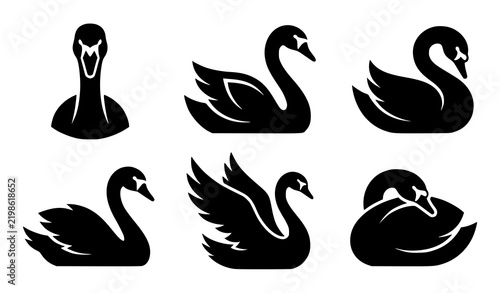 Black swan silhouette icon set simplified swimming flying and resting poses vector illustration bird design