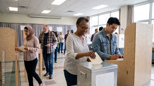 Diverse group of people casting votes in a polling station during election day