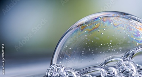 Large soap bubble floating with shiny surface reflections in a bright soft setting