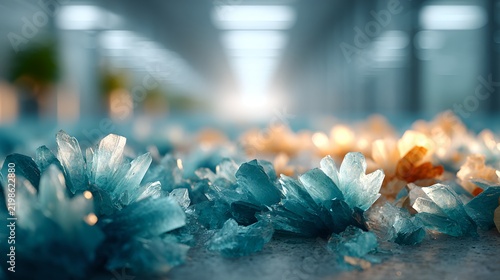 Abstract close-up of shimmering crystal formations in turquoise and amber hues, with a soft, blurred background suggesting a modern, sophisticated interior. The light catches the facets.