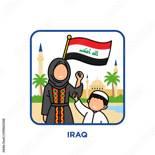 Iraqi mother in traditional embroidered abaya and her son cheering together while holding the national flag, with a mosque and minarets in the background, celebrating national pride and culture.