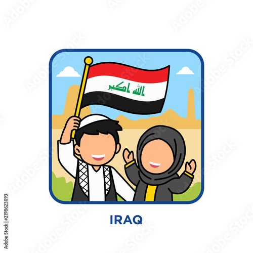 Two Iraqi children in traditional keffiyeh and hijab waving together with the national flag, ancient Mesopotamian ruins in the background, celebrating national pride and cultural heritage.