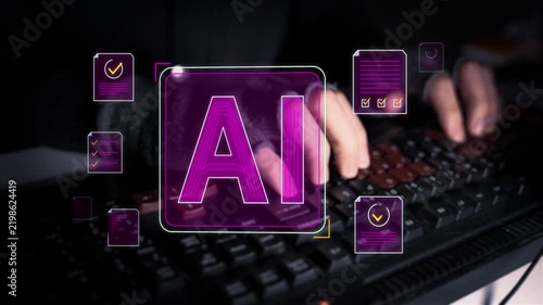 Person Typing on Keyboard with Futuristic AI Hologram Icons. Futuristic AI Workflow Concept with Keyboard and Hologram Icons