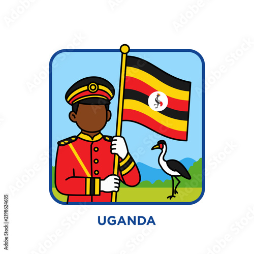 Ugandan honor guard officer in red ceremonial uniform holding the national flag beside a grey crowned crane bird, representing military honor, independence day parade and patriotic ceremony.