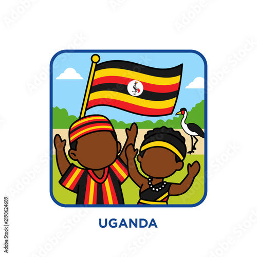 Two Ugandan children in traditional headwraps waving and cheering with the national flag, a crowned crane bird and hills in the background, celebrating independence day and cultural pride.