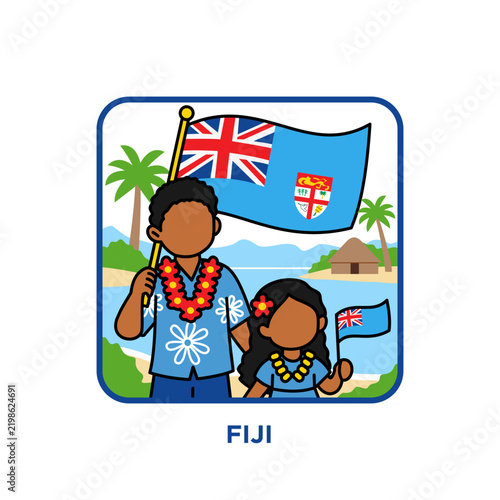 Fijian father and daughter wearing floral shirts and flower leis, holding the national flag on a tropical island beach with a traditional hut, celebrating Pacific island culture and national pride.