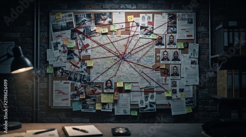 Crime investigation board with photos map and red string connections