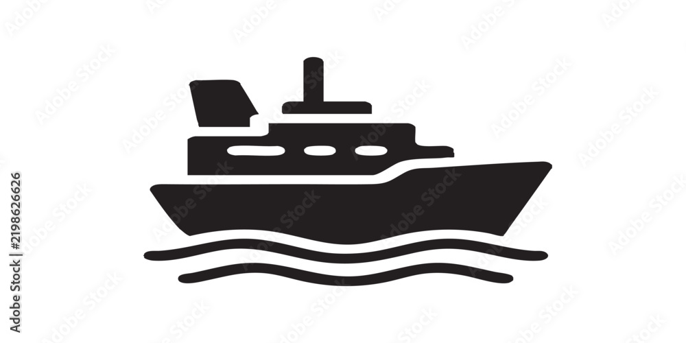 Obraz premium Black and white ship solid icon, sea voyage and cruise travel concept, water transport glyph style. 