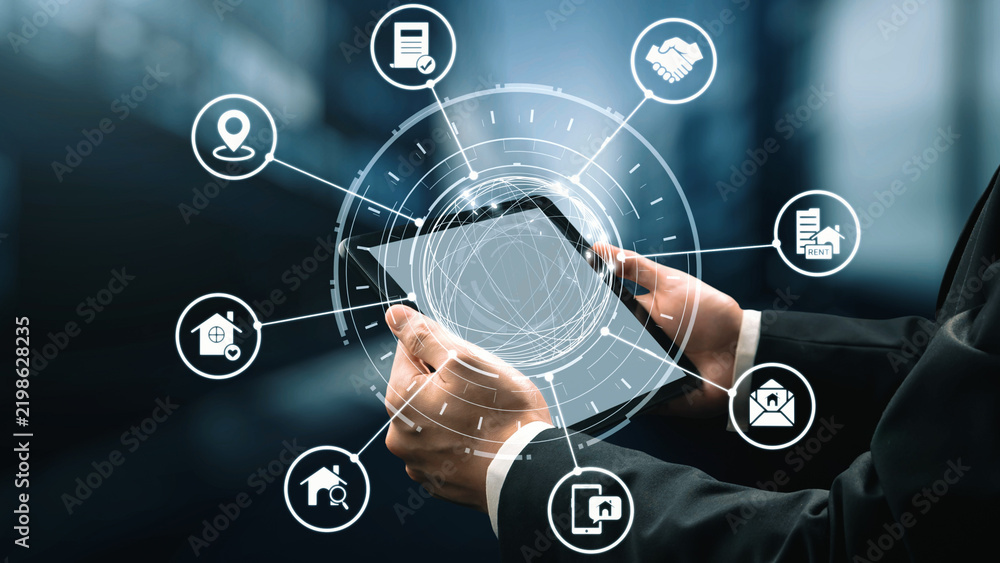 Fototapeta premium Online property search icons showing real estate rent, sale, housing, location, property management, key, contract, mortgage, home loan, and housing market. Gist