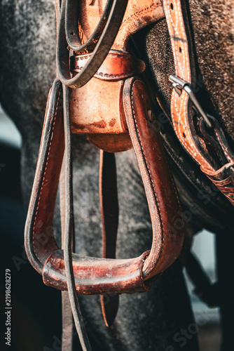 sideview of western saddle stirrup on horse
