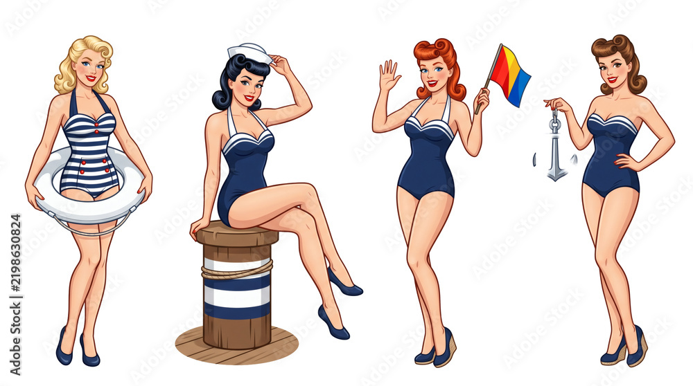 Fototapeta premium Set vintage 1950s retro nautical sailor pin-up girl illustrations wearing striped retro swimsuits. Classic glamour beach beauty fashion characters isolated on white background template display.