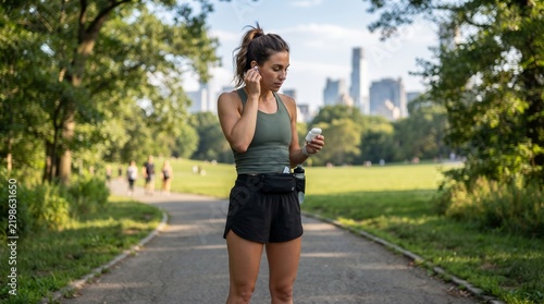 Woman adjusting wireless earbuds while holding a pill bottle in a park with city skyline