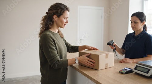 Customer hands over package to postal worker for scanning and shipping